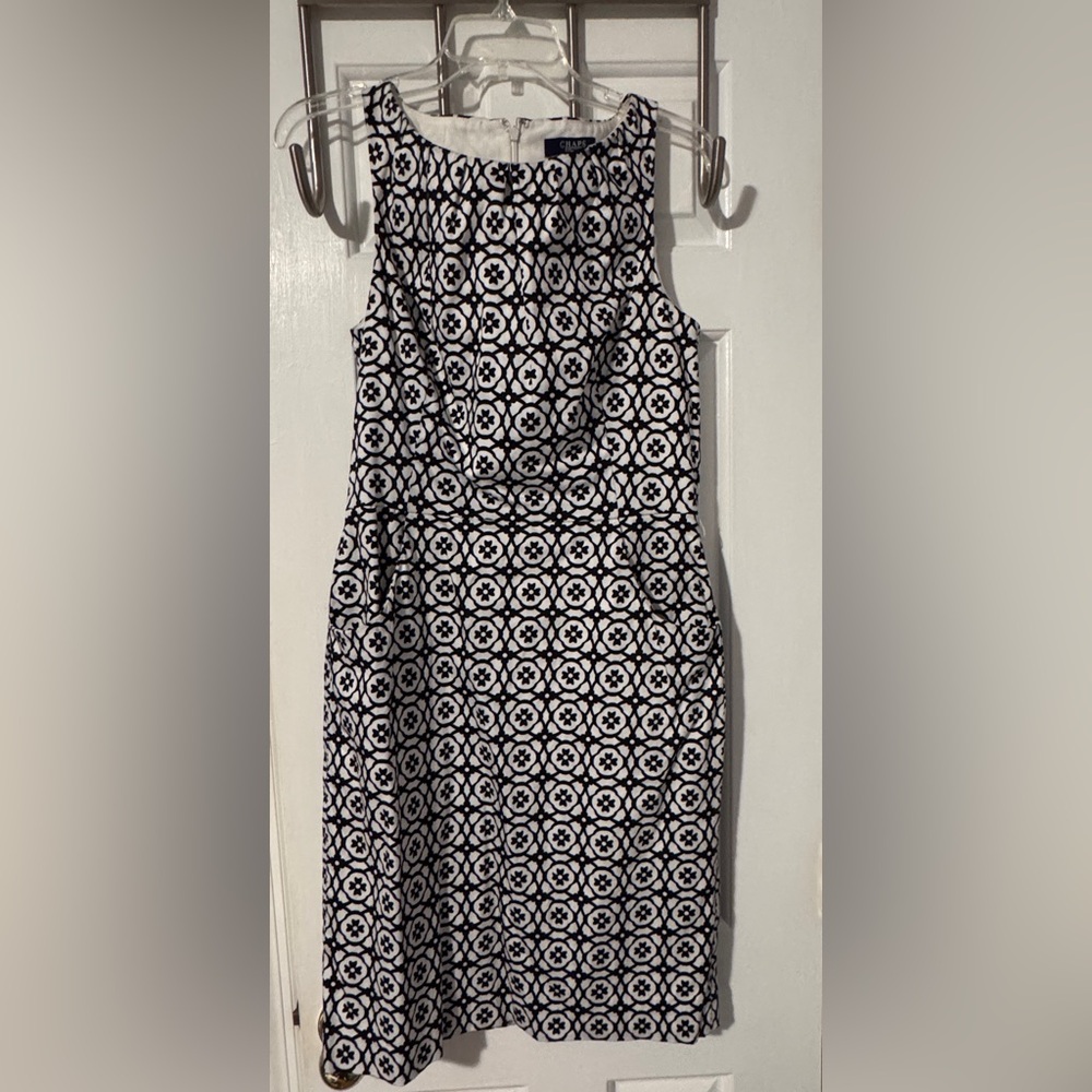 Chaps Ralph Lauren Floral Repeating Pattern Sheath Dress w Pockets Black White